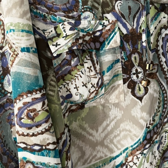 Chico's Women's Taupe Green Turquoise Paisley Lace Up Tie Neck Blouse Top - Picture 4 of 11